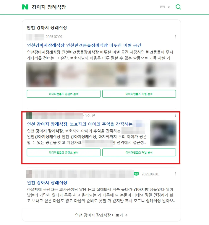 강아지 장례식장 검색결과 브랜드 블로그 상위 노출 캡처