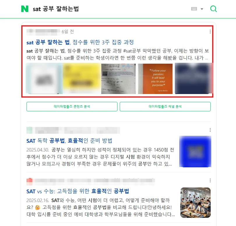 SAT 공부 잘하는 법 검색결과 브랜드 블로그 최상단 캡처