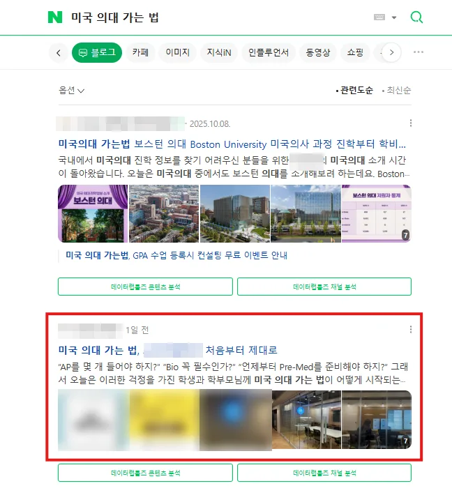미국 의대 가는 법 검색결과 브랜드 블로그 상위 노출 캡처