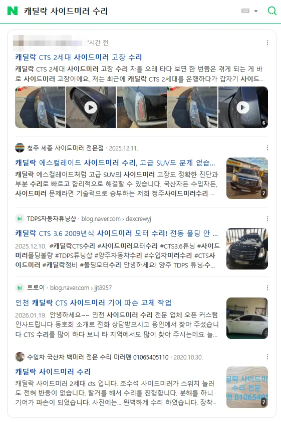‘캐딜락 사이드미러 수리’ 검색 상위에 노출된 정비 기록 글 캡처