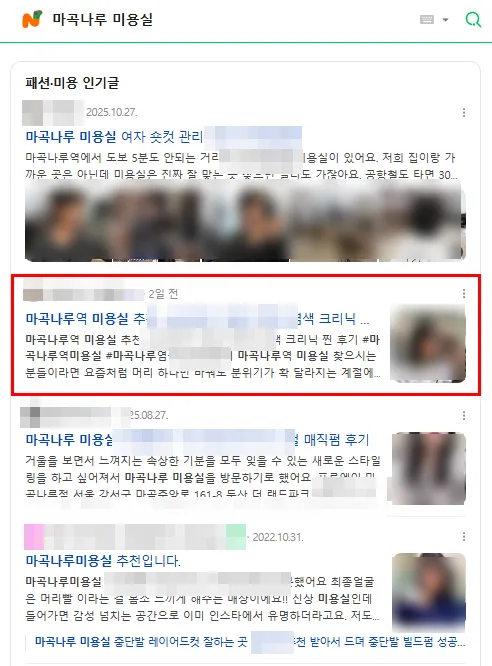 마곡나루 미용실 검색결과 인기글 다수 노출 캡처