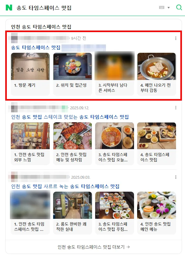 송도 타임스페이스 맛집 검색결과 인기글 상단 노출 캡처